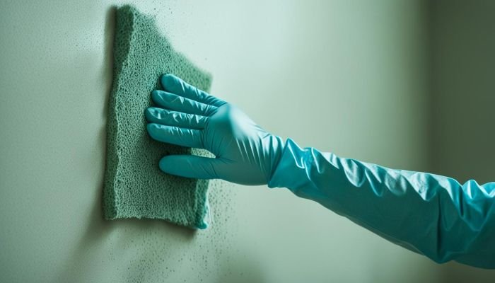Close-up of a hand in a blue glove cleaning a wall with a green sponge, demonstrating a step in the DIY wall cleaning process.