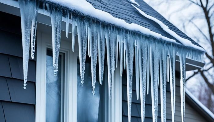 Icicles hanging from the edge of a house's roof, with a backdrop of a snow-covered roof and siding, illustrating the potential for cold-weather water issues such as ice dams and burst pipes in winter conditions.