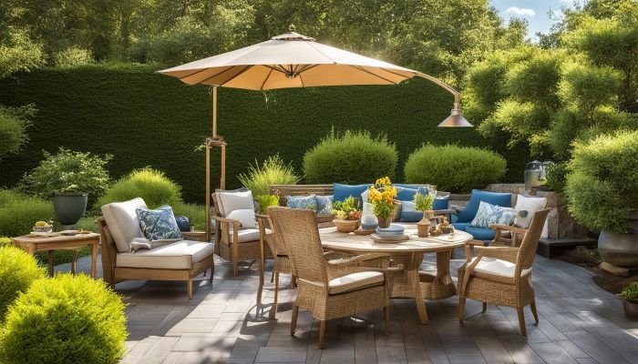 A well-maintained outdoor dining area with a wooden table, wicker chairs, and a large umbrella, surrounded by lush greenery, exemplifying a clean and inviting space free of food spills, sunscreen stains, and pollen.