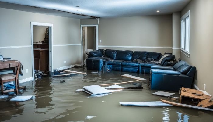A living room flooded with water, with floating debris and furniture, including a submerged sofa and desk, indicating severe water damage possibly due to leaky pipes, roof issues, or natural disasters.