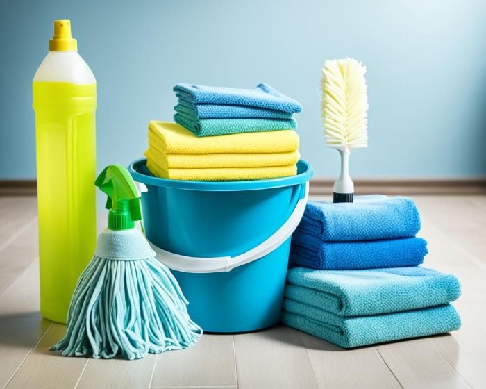 An array of colorful cleaning supplies including a mop, cleaning towels, and natural cleaning agents on a hardwood floor, ready for eco-friendly DIY cleaning.
