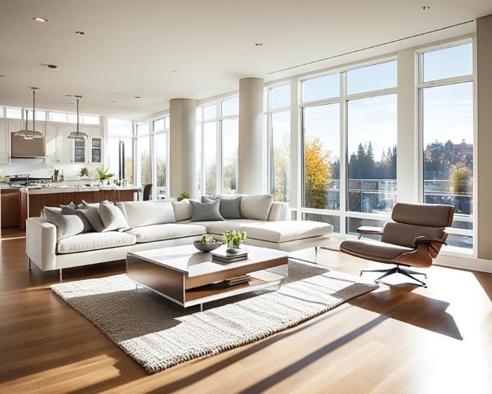 Pristine and stylish living room with ample natural light and an open-plan layout, perfectly cleaned for an end-of-tenancy inspection.