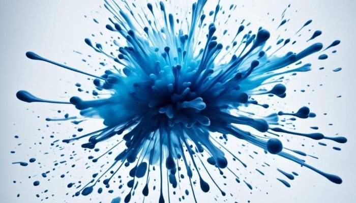 A dynamic explosion of blue ink splatters against a white background, representing the challenge of removing ink stains from home surfaces.
