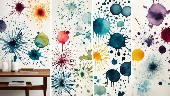A collage of vibrant ink splatters in various colors on a wall, creating an artistic display that symbolizes the diverse types of ink stains encountered in home cleaning scenarios.