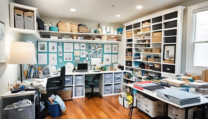 Incorporating the power of psychology, a well-organized home office with neatly arranged shelves and a clutter-free workspace showcases visual progress in an environment conducive to productivity.