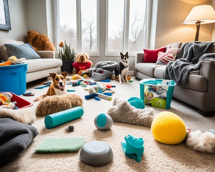 Dogs among scattered toys in a living room, illustrating the additional cleaning efforts needed for pet owners at the end of tenancy.