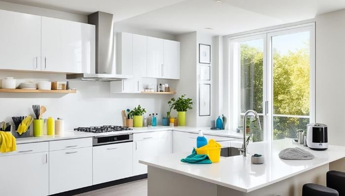 A bright, modern kitchen with clean white countertops and appliances, ready for final inspection, with sunlight streaming through a large window, emphasizing the cleanliness and order of the space.