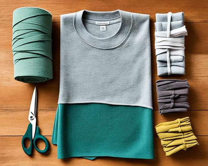 A neatly organized assortment of textiles, with scissors and neatly folded cloths, ready to be repurposed, embodying waste reduction and sustainable living.