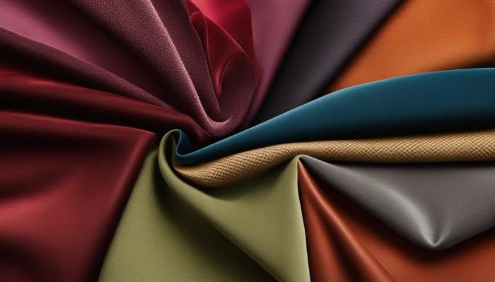 A vibrant display of various upholstery fabrics showcasing different textures and colors.