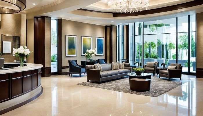 Immaculately maintained lobby of a high-end property with polished floors and sophisticated decor, demonstrating the necessity of specialized care for luxurious spaces.
