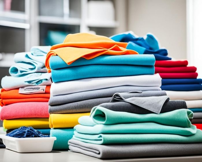 Stacks of brightly colored folded textiles, showcasing a spectrum of upcycled fabric ready to be transformed into eco-friendly cleaning cloths for household use.