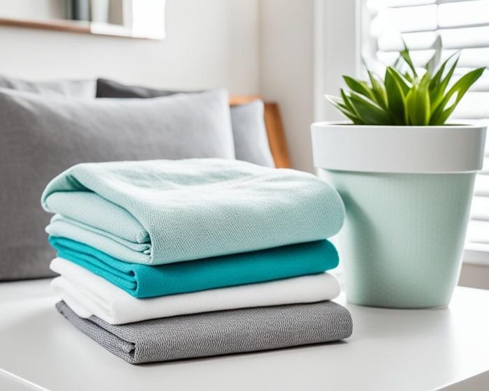 Neatly stacked fresh towels in serene shades of blue and grey, with a vibrant green plant in a light turquoise pot, enhancing the clean and refreshing atmosphere of a rental space.