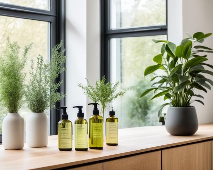 A line of chic, labeled bottles of natural disinfectant on a wood countertop with lush green houseplants, representing a safe and stylish choice for home cleaning in London.