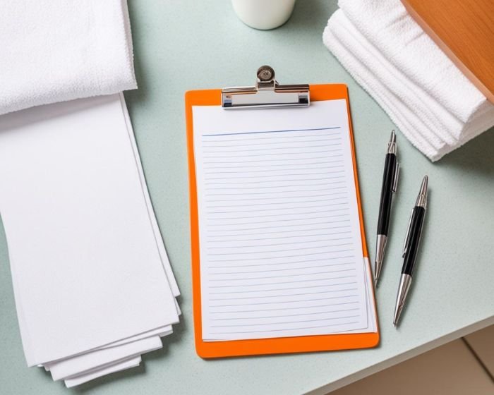 An organized inspection setup with a clipboard, blank forms, pens, and neatly folded towels on a table, ready for thorough documentation during a property inspection.
