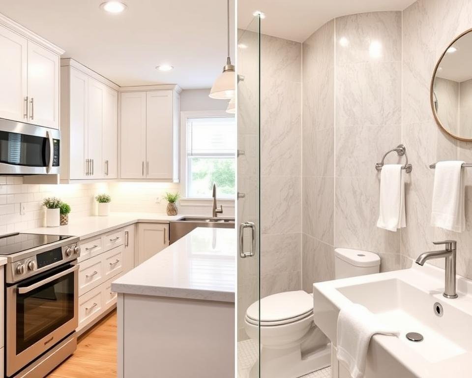 Bright modern kitchen and bathroom with clean floors, white cabinets, and sleek tiles enhancing home value and appeal.